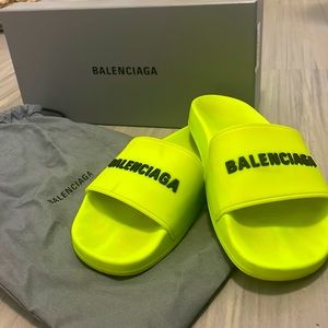 Neon yellow Balenciaga pool slides